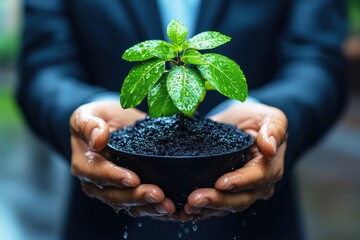 Nurturing Growth: A businessman's hands cradle a small plant, symbolizing the delicate and essential care needed for sustainable success. The image evokes a sense of hope, responsibility, and the pote