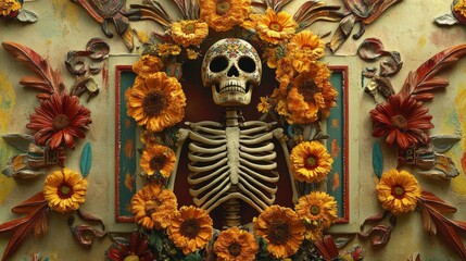 Canvas Print - Dia de los Muertos Celebration: Colorful Skeleton in Marigold Frame