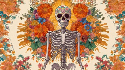 Canvas Print - Festive Dia de los Muertos Skeleton Decoration with Marigolds, Sugar Skulls, and Mexican Patterns