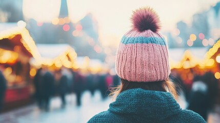 Sticker - A woman in a cozy winter hat gazes at a vibrant Christmas market bustling with holiday decorations and warm lights