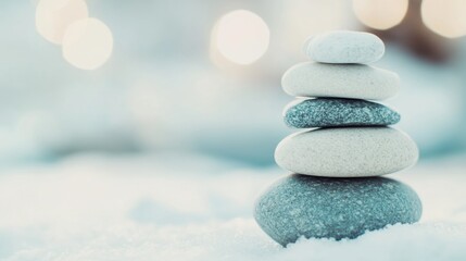 Poster - Balanced stones rest harmoniously on fresh snow, embodying tranquility in a serene winter environment