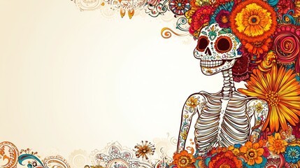 Canvas Print - Day of the Dead Celebration with Decorated Skeleton in Vibrant Mexican Setting