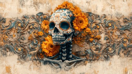 Canvas Print - Day of the Dead Celebration: Vibrant Marigold Skeleton in Intricate Sugar Skull Frame