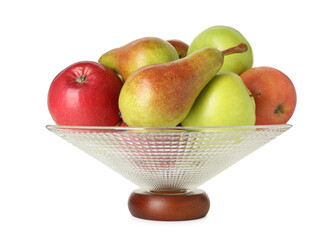 Glass vase with fresh pears and apples isolated on white