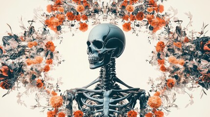 Poster - Celebrating Life and Death: Dia de los Muertos Skeleton Surrounded by Marigolds, Candles, and Lace-like Patterns