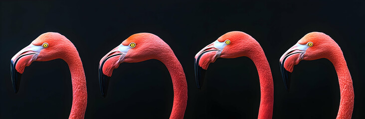 Pink flamingo heads on horizontal web banner with black background   