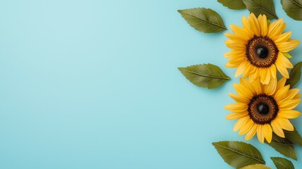 Sticker - A blue background with two yellow flowers and green leaves