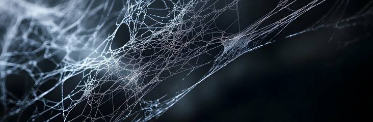 Real creepy spider webs hanging on black banner as a top border   