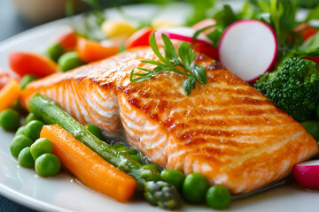 Roasted salmon steak with asparagos broccoli carrot tomatoes radish green beans and peas. Fish meal with fresh vegetable   