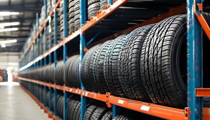 Wall Mural - Symmetrical Display of Black Rubber Tires Organized on Warehouse Storage Racks