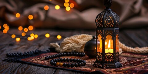 Arabic lantern with oud perfume black rosary and prayer mat on Ramadan Kareem greeting card Ramadan Mubarak Wishing a Happy and Holy Ramadan the month of fasting for Muslims