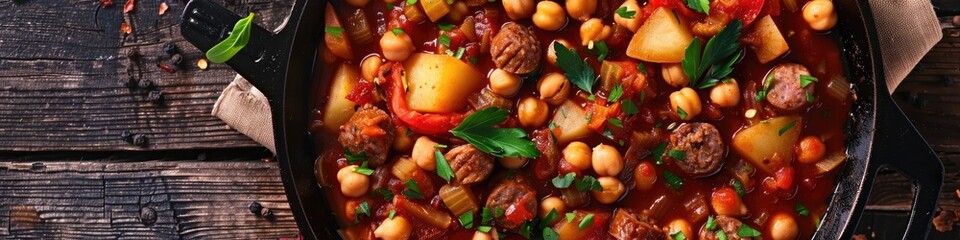 Poster - Bird's-eye view of classic chickpea stew featuring sausage, beef, tomato sauce, and potatoes in a cast iron skillet.