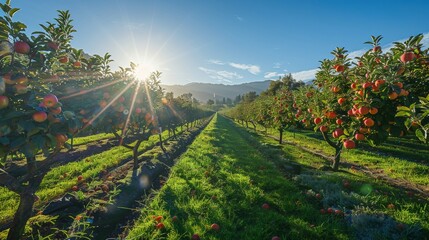 A beautiful orchard with rows of fruit trees laden with ripe apples and a clear blue sky above