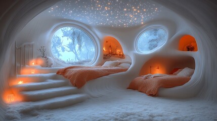 Canvas Print - Modern bedroom with snow-covered walls, round windows, and a starry sky ceiling.