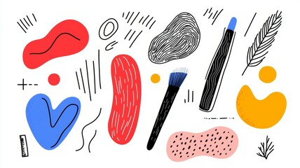 Sticker - A colorful drawing of various makeup items, including a brush and a pen