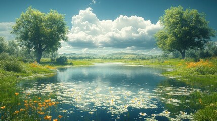 Canvas Print - Serene Lake Landscape with Lush Greenery