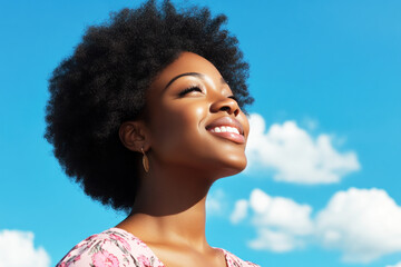 Wall Mural - Afro woman smile enjoying sun during summer vacation, mental health