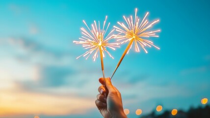 A hand holding two fireworks that are lit up