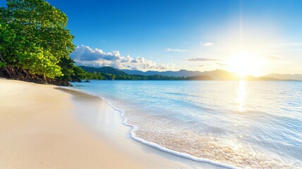 A beautiful beach with a clear blue ocean and a bright sun in the sky