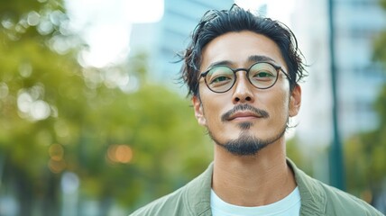 Wall Mural - A man with glasses and a beard stands in front of a building