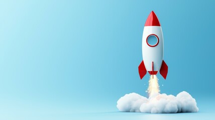 Wall Mural - A rocket is flying through the sky with a blue background