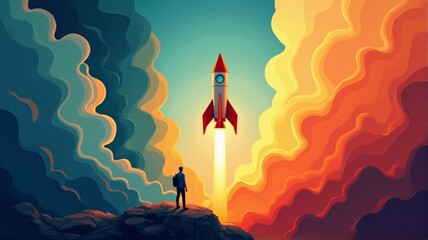 A man stands on a rock looking up at a rocket that is flying through the sky