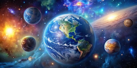Wall Mural - vibrant earth surrounded by colorful cosmic elements, including stars, galaxies, and nebulae