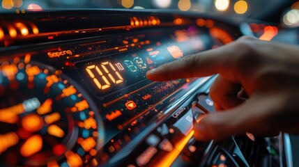 A hand reaches out to adjust the digital display of a modern car dashboard, illuminated by the glow of the city lights at night.