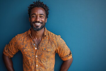 Canvas Print - Smiling Man in Orange Shirt Against Blue Wall