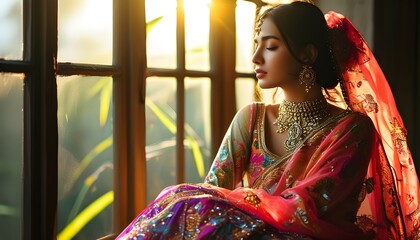 Graceful woman in vibrant traditional attire by sunlit window, ornate jewelry reflecting light, embodying cultural beauty and elegance.