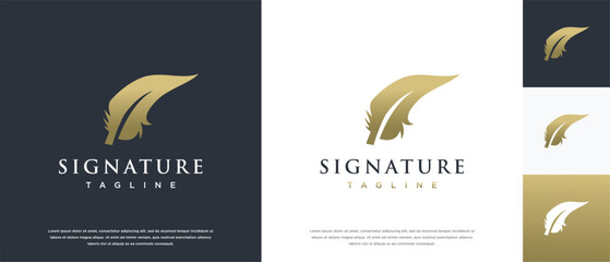 Vector feather signature logo design. Golden feather logo template.