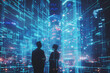 © Warunporn - Futuristic holographic Interface in industry engineering technician worker connecting link computer technology. Architecture innovation analyzing planning building city.