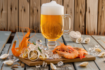 Cold beer with a seafood snack. Advertising of beer and seafood.