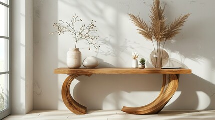 Balanced and Aesthetically Pleasing Interior: Modern Console Table with Artistic Decor Elements – Boho Home Decor Style