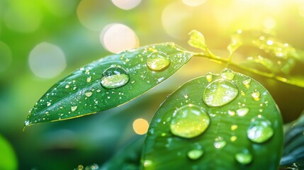 Dewdrops on Green Leaves in Sunlight