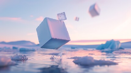 Sticker - Abstract ice cubes floating over water at sunset.