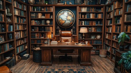 Canvas Print - Spacious Library with Wooden Desk