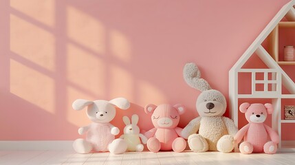 Wall Mural - Set of different cute toys on floor near pink wall