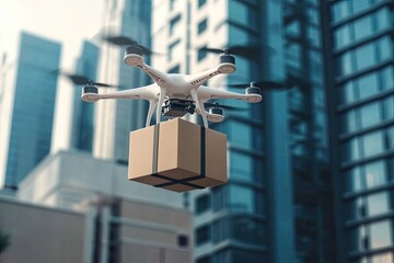 Drone delivering a package in an urban setting.