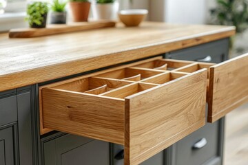 Poster - Open Wooden Drawer with Compartments in a Kitchen Cabinet