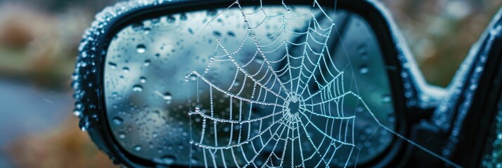 Spiderweb on the side mirror of a vehicle