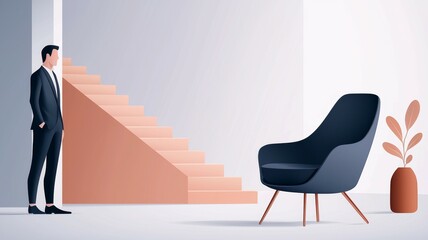 Wall Mural - A man in a suit is standing in front of a staircase, looking up at it