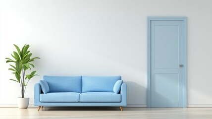 A blue couch sits in front of a blue door