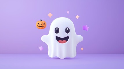 A ghost is smiling and holding a pumpkin