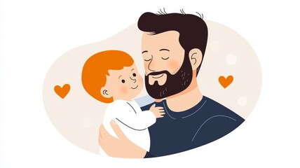 Poster - A man is holding a baby and there are two hearts in the background