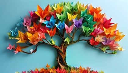 Vibrant paper tree representing imagination, creative diversity, and joyful expression in vivid colors