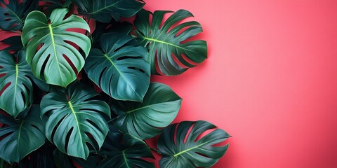 Canvas Print - Tropical Monstera Leaves on Pink Background