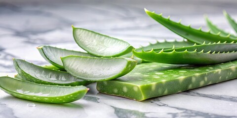 Fresh aloe vera slices on marble with aloe plant in background