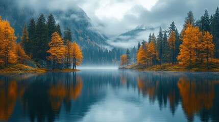 Canvas Print - Autumnal Reflections in a Misty Mountain Lake