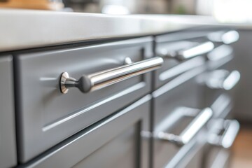 Poster - Closeup of a Modern Kitchen Cabinet Door with a Sleek Metal Handle